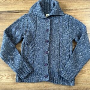 LL Bean Cable Knit Wool Blend Button Cardigan Sweater Shawl Collar Blue Women XS
